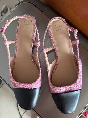 “a new day” Pink Tweed Slingback Flats with Black Cap Toe Chanel like